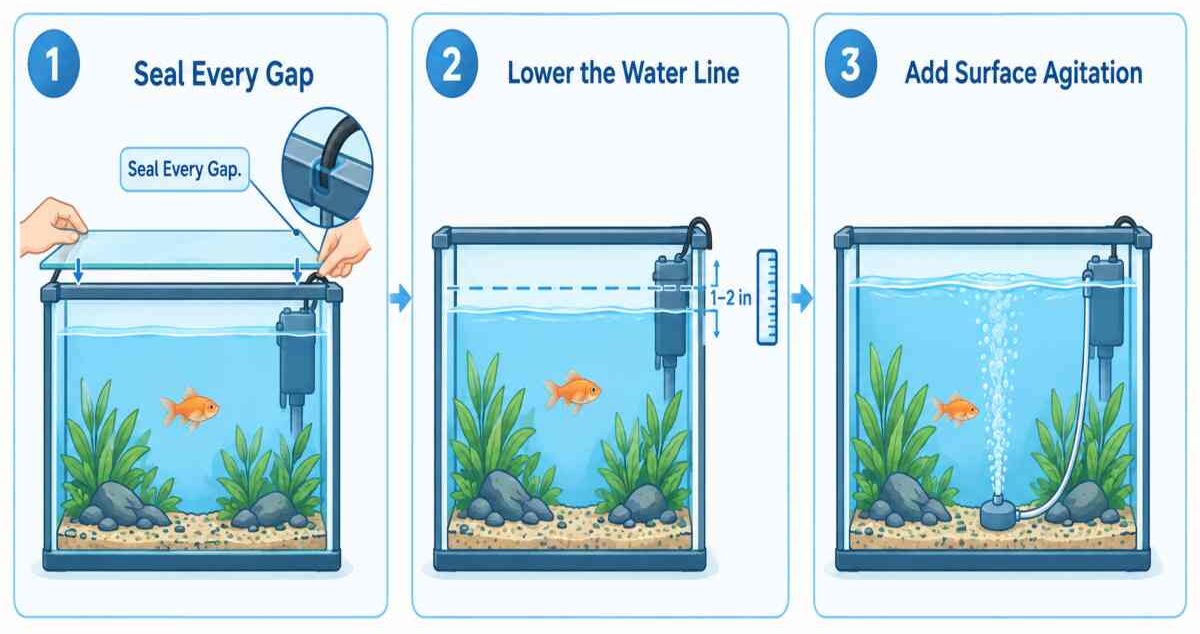 Three-step guide to preventing fish jumps: sealing lid gaps, lowering water line, adding surface agitation.