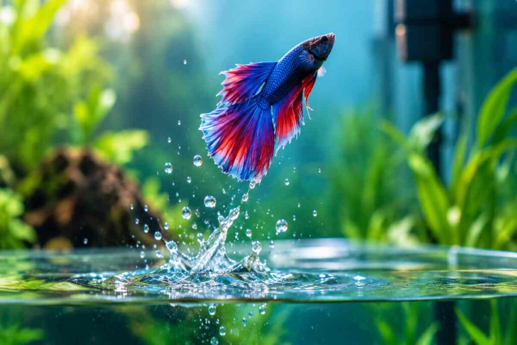 A betta fish leaping out of the aquarium water, caught mid-jump with a small splash.