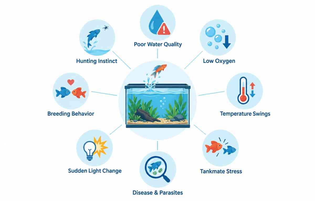 Infographic of eight reasons fish jump out of aquariums, arranged around a central fish tank icon.