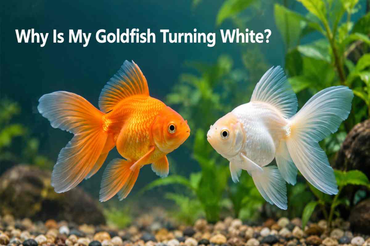 Orange and pale white goldfish swimming side by side in an aquarium