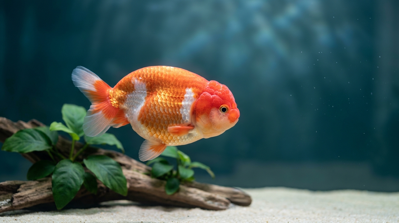 Healthy red and white lionhead goldfish swimming in a clean home aquarium.