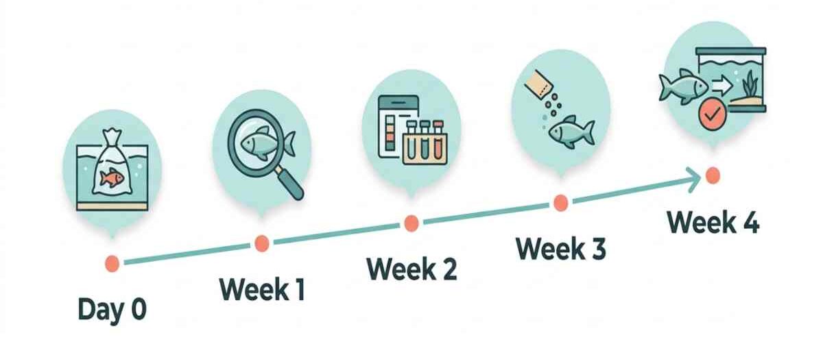 Four-week quarantine timeline for new aquarium fish from day 0 to week 4