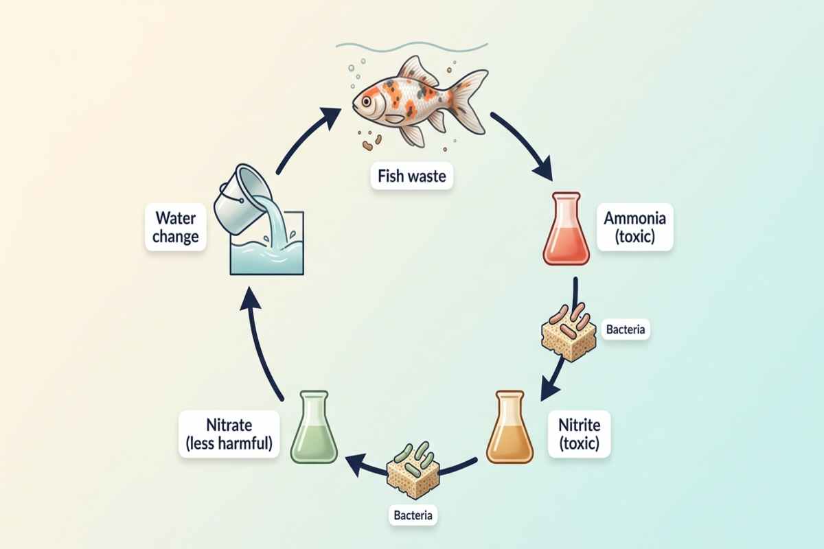 Nitrogen cycle from fish waste to ammonia, nitrite and nitrate