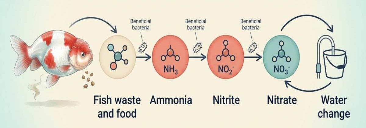 Nitrogen cycle diagram for a goldfish tank, from waste to nitrate