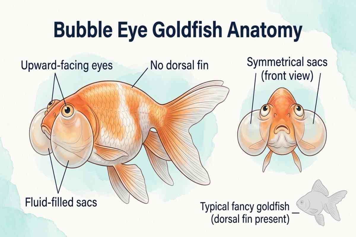 Labeled diagram of bubble eye goldfish anatomy showing fluid-filled sacs, upward-facing eyes, and no dorsal fin.