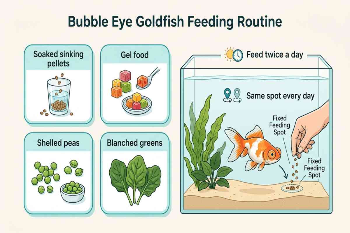 Infographic showing a bubble eye goldfish feeding routine with sinking pellets, gel food, peas, greens, and a fixed bottom feeding spot.