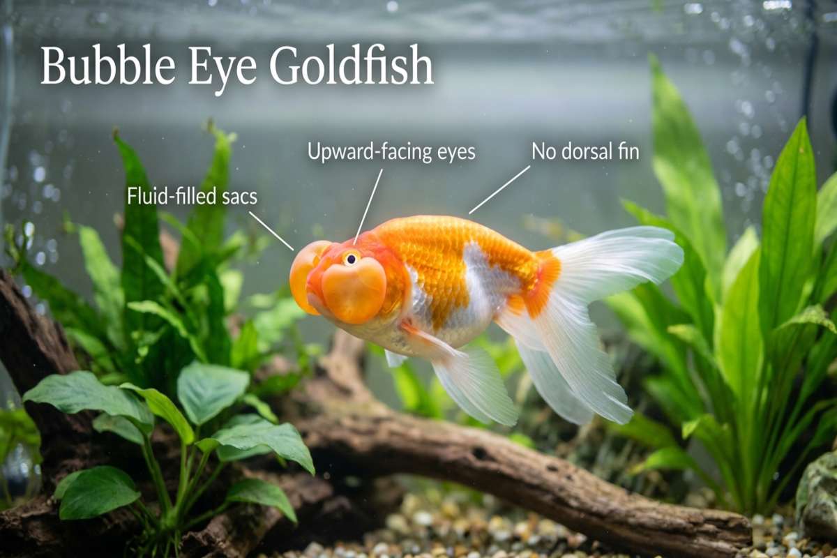 Healthy bubble eye goldfish with two symmetrical fluid-filled sacs swimming in a clean planted aquarium.