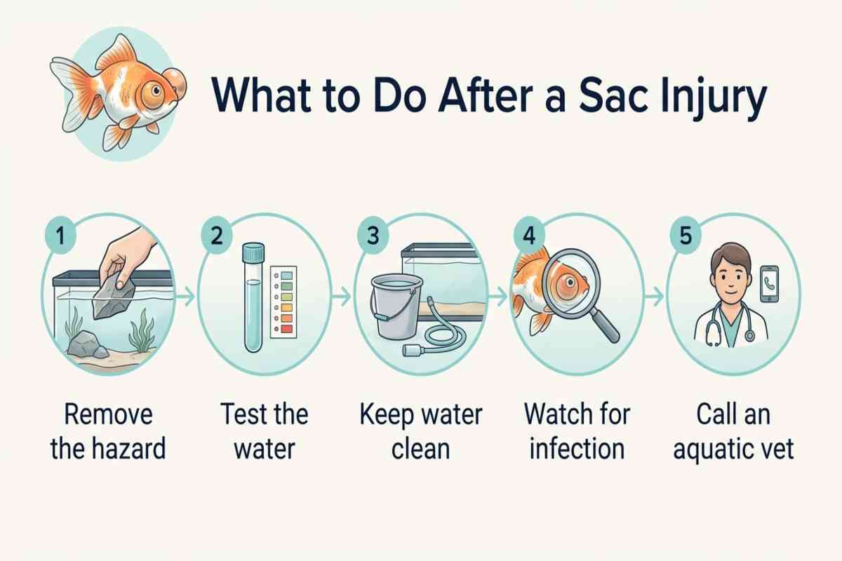 Five-step flow chart showing what to do after a bubble eye goldfish sac injury, from removing hazards to calling an aquatic vet.