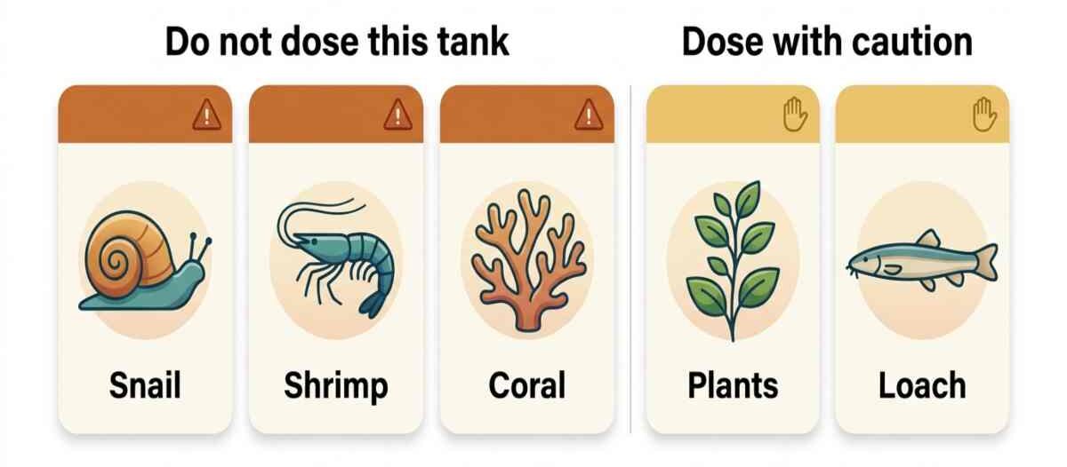 Chart of tank inhabitants sensitive to copper: snails, shrimp, coral, plants, and loaches.