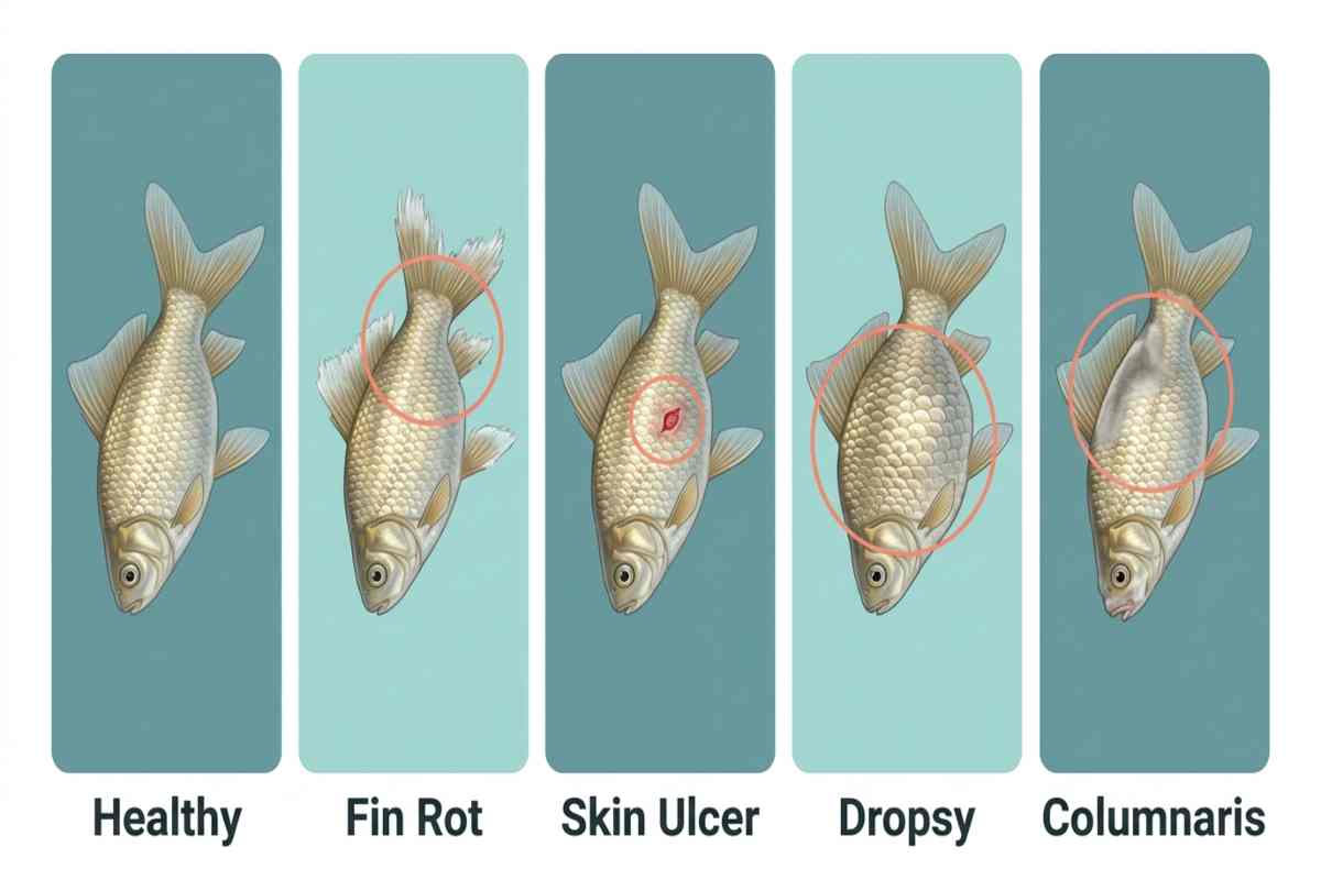 Comparison of a healthy fish with fin rot, skin ulcer, dropsy, and columnaris