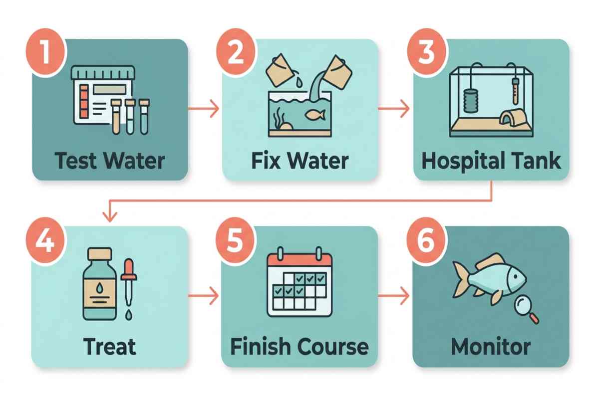 Six-step infographic for treating a bacterial infection in aquarium fish