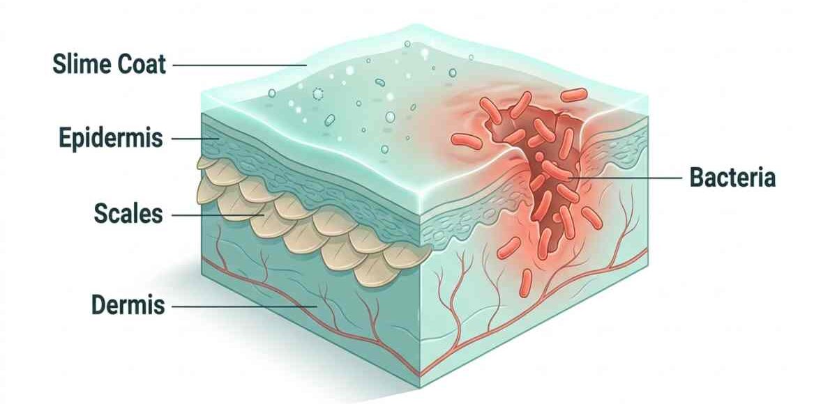 Fish skin cross-section showing slime coat, scales, and bacteria entering a wound