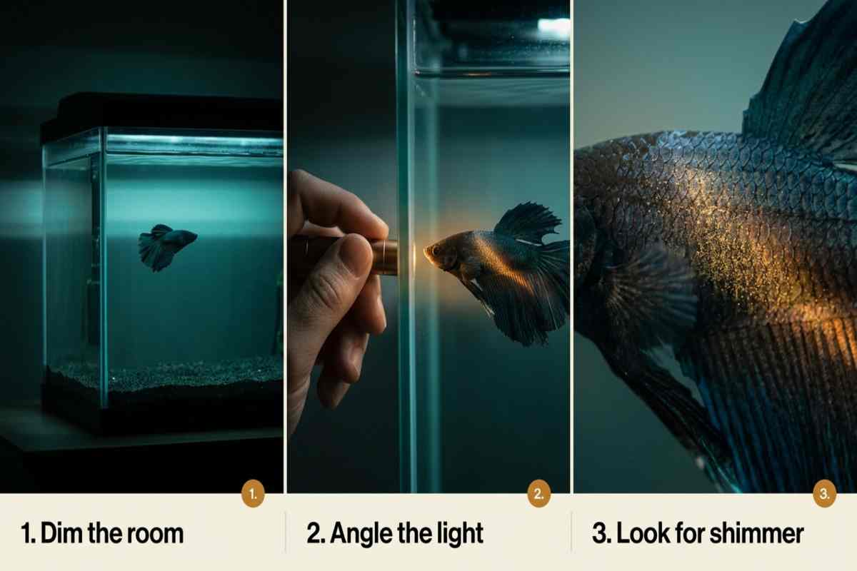 Three-step flashlight test showing a dim room, an angled beam, and golden dust on a fish.