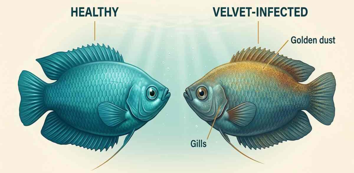 Healthy fish beside a velvet-infected fish with golden dust on its back and fins.