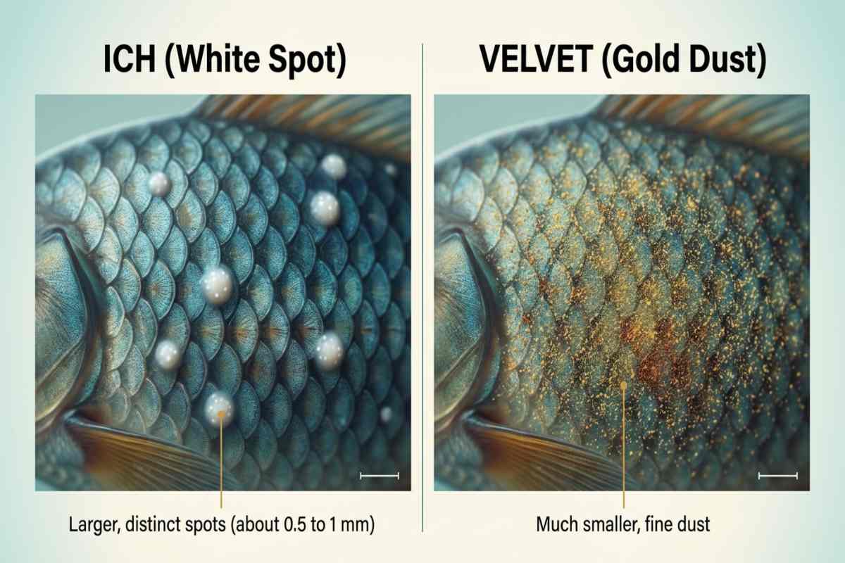 Macro comparison of fish skin with distinct white ich spots and fine golden velvet dust.