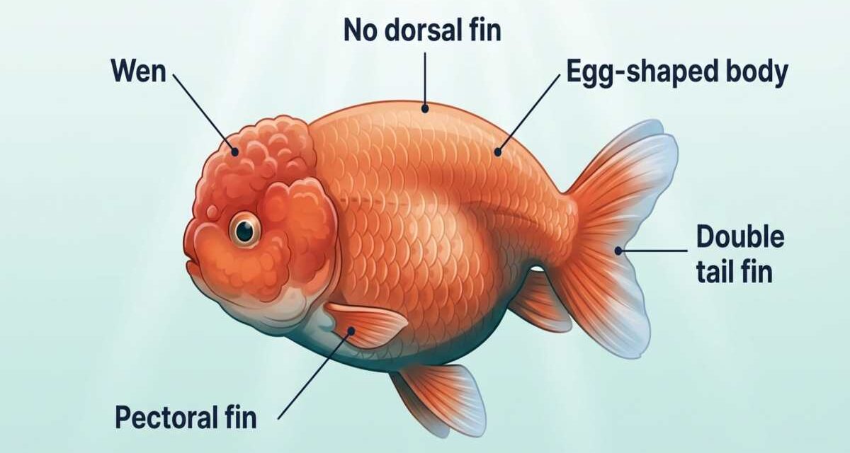 Labeled diagram of a lionhead goldfish showing its wen and missing dorsal fin.