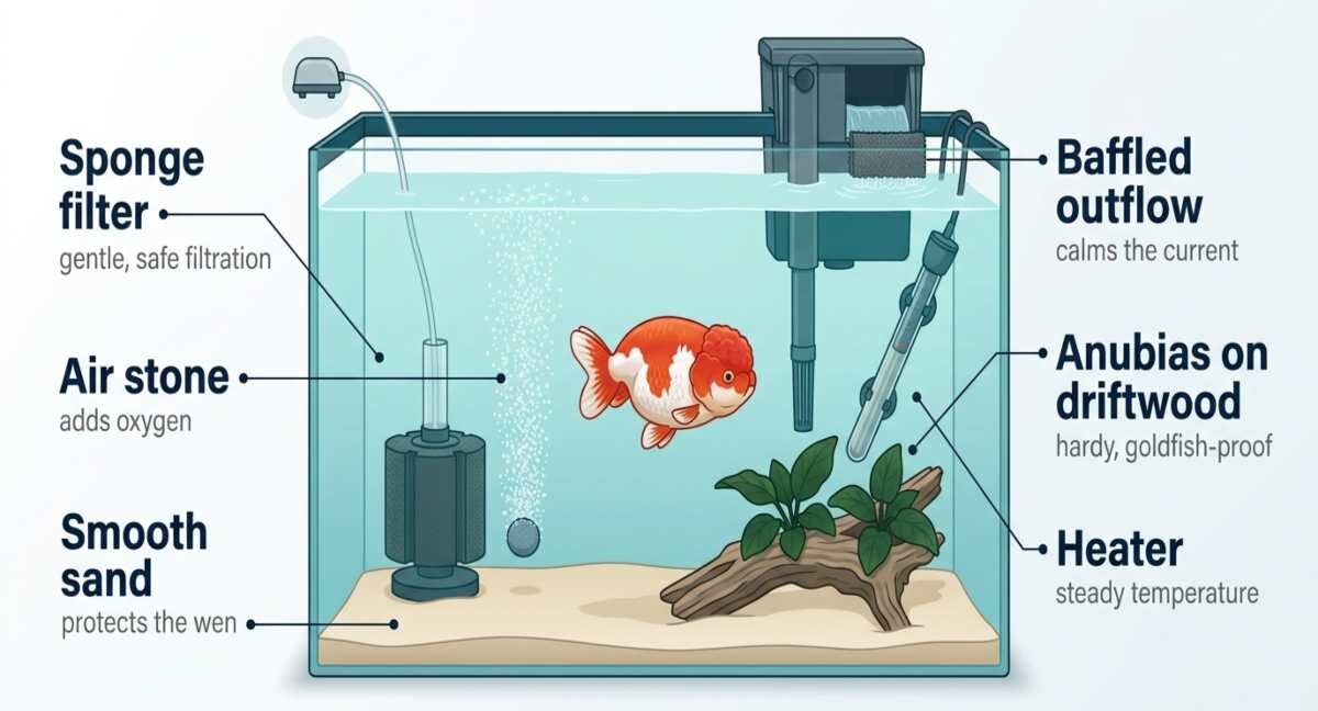 Cutaway of a lionhead goldfish tank showing filter, air stone, sand and heater.