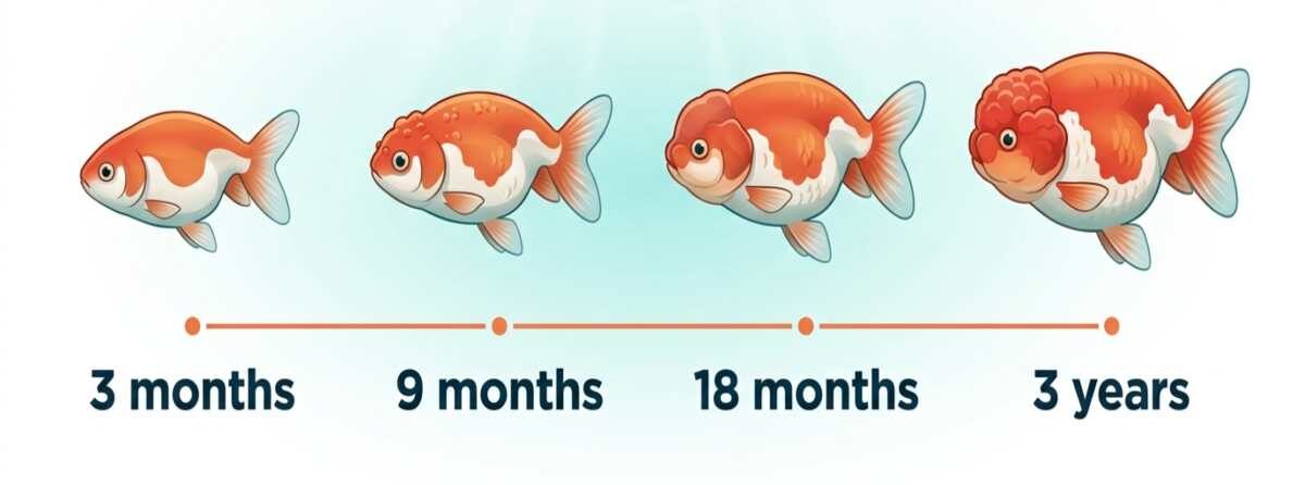 Timeline of one lionhead goldfish’s wen growing from 3 months to 3 years.
