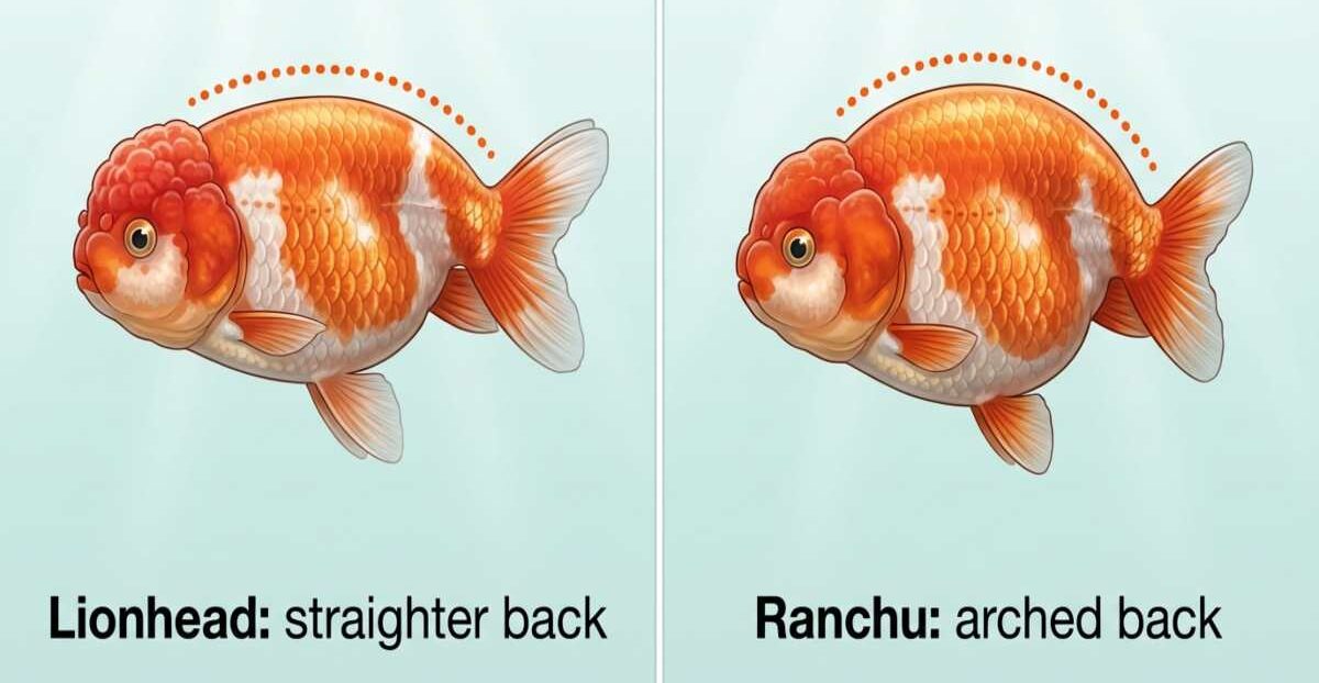 Side-by-side chart comparing a lionhead’s straighter back with a ranchu’s arched back.