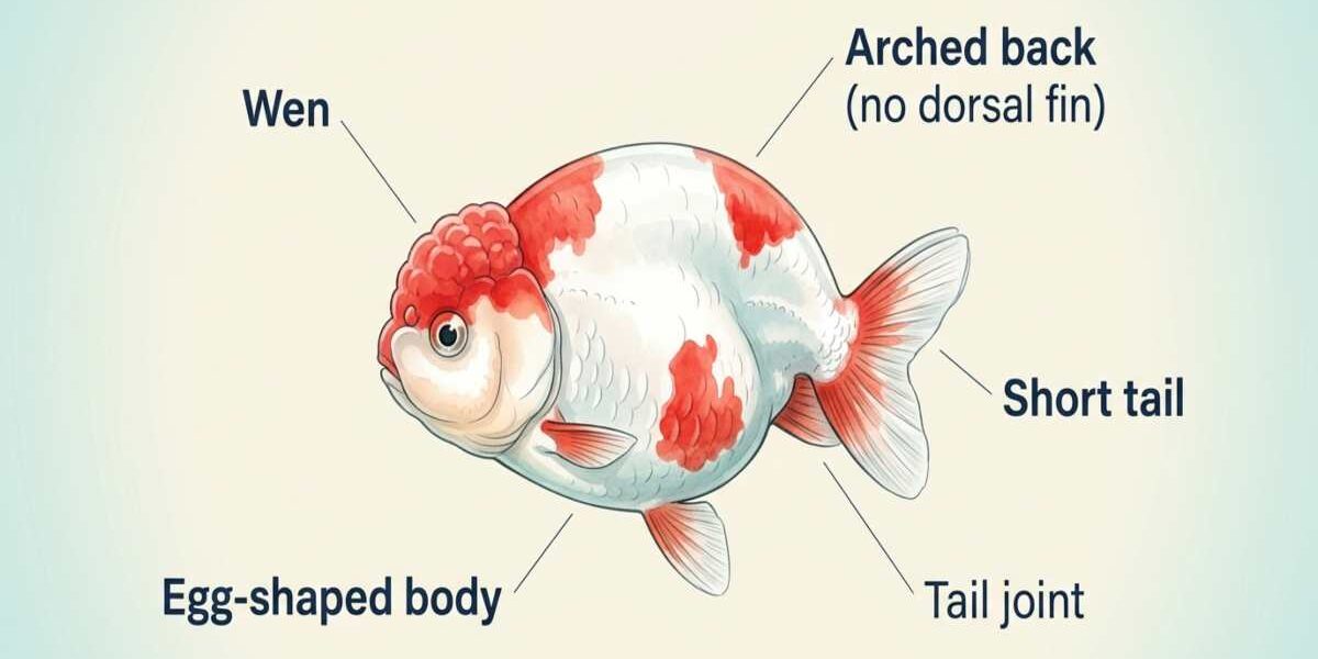 Labeled anatomy diagram of a Ranchu goldfish in side view