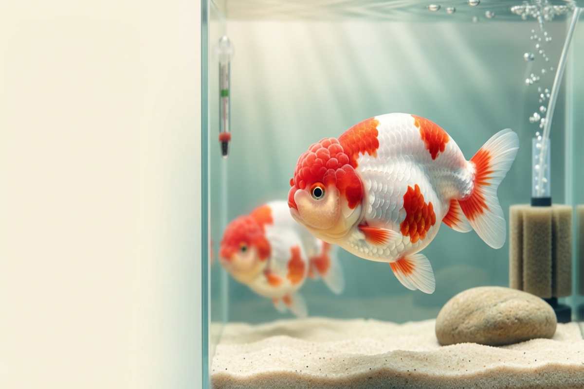 Red and white Ranchu goldfish swimming in a clean home aquarium
