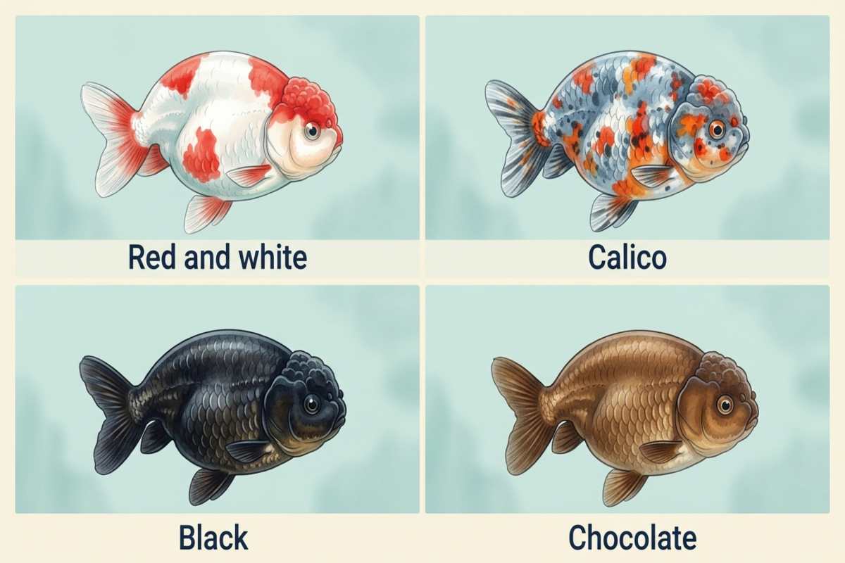 Four Ranchu goldfish color varieties: red and white, calico, black, chocolate
