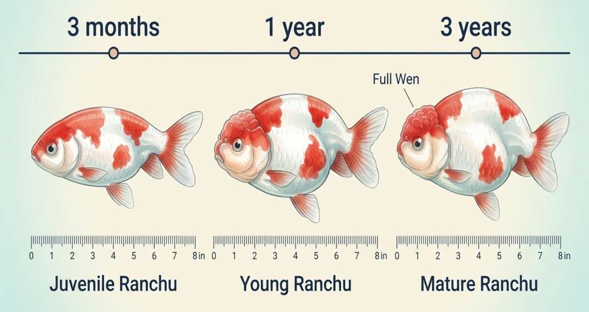 Growth timeline of a Ranchu goldfish from 3 months to 3 years