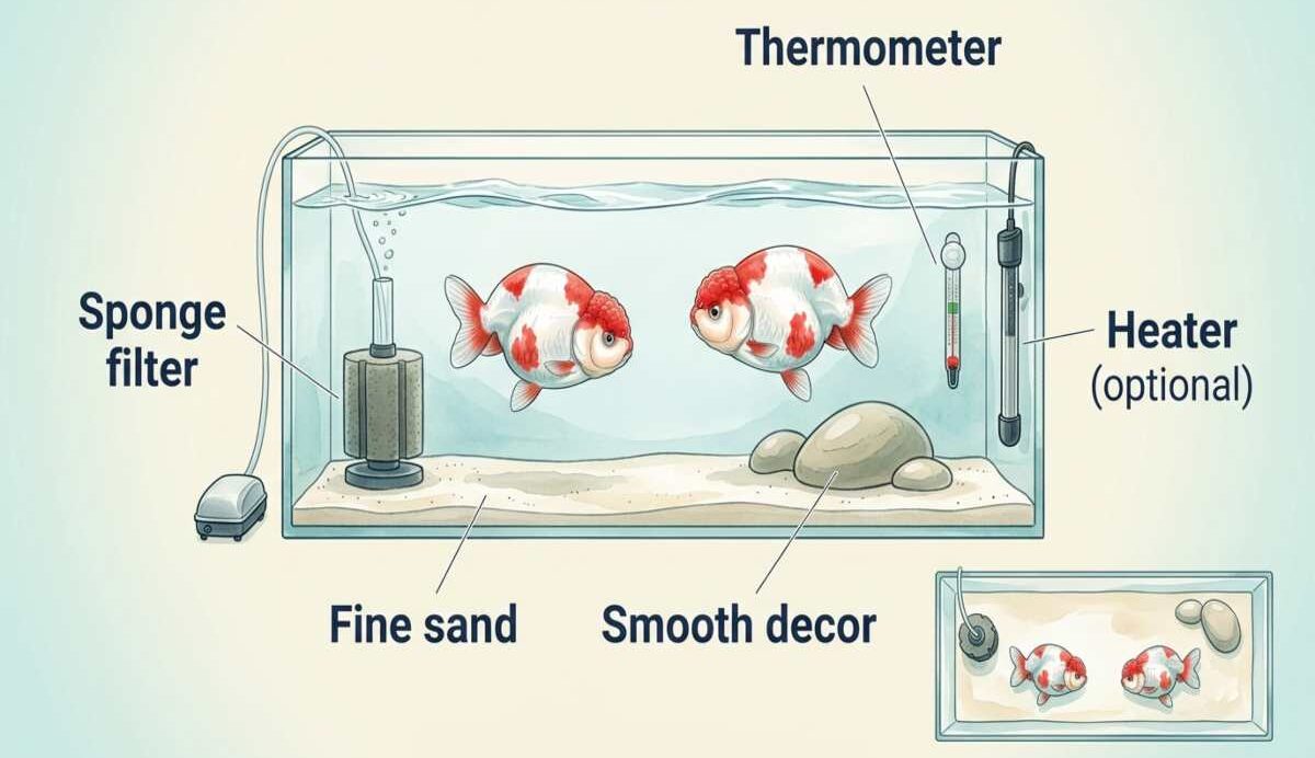 Labeled illustration of an ideal Ranchu goldfish tank setup