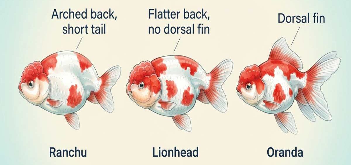 Comparison of Ranchu, Lionhead and Oranda goldfish in side view