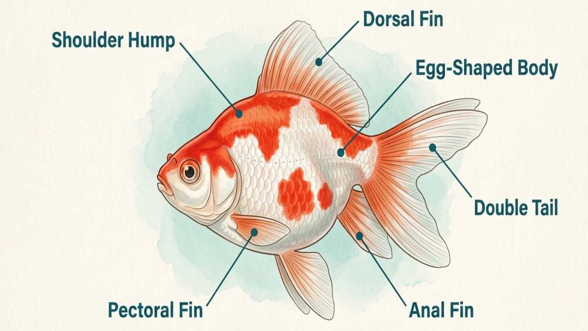 Labeled anatomy diagram of a Ryukin goldfish