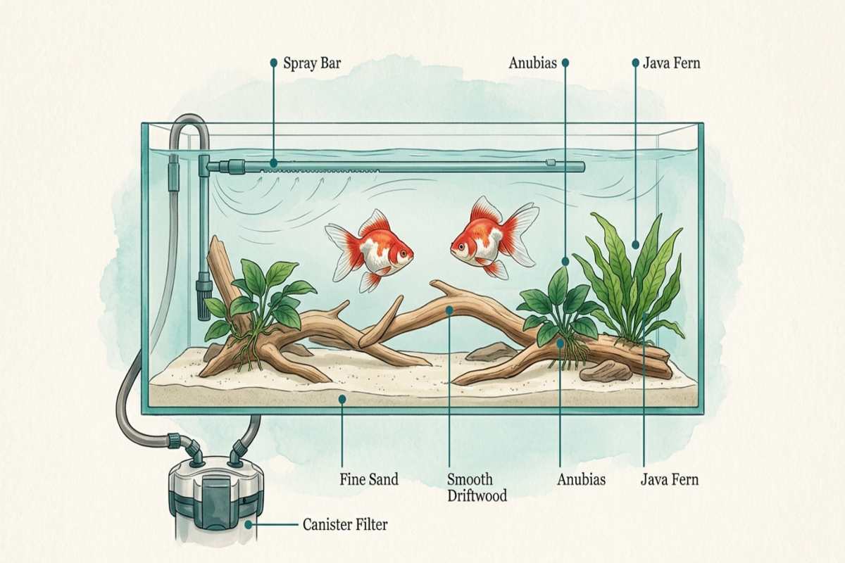 Cutaway diagram of a Ryukin goldfish tank setup