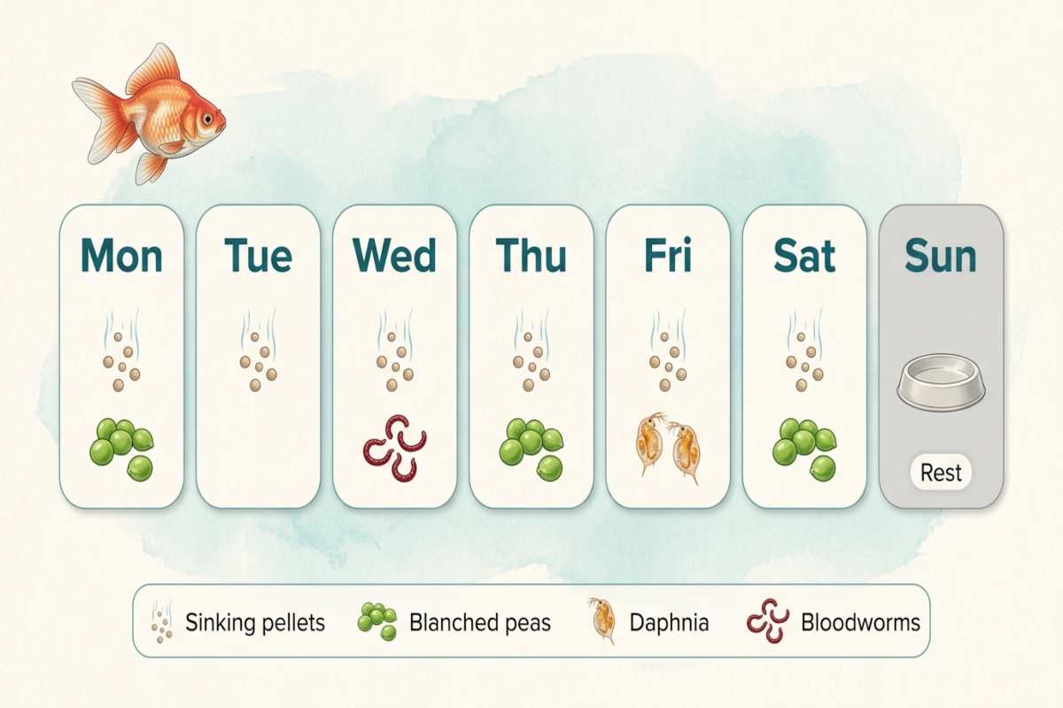 Weekly feeding schedule infographic for Ryukin goldfish