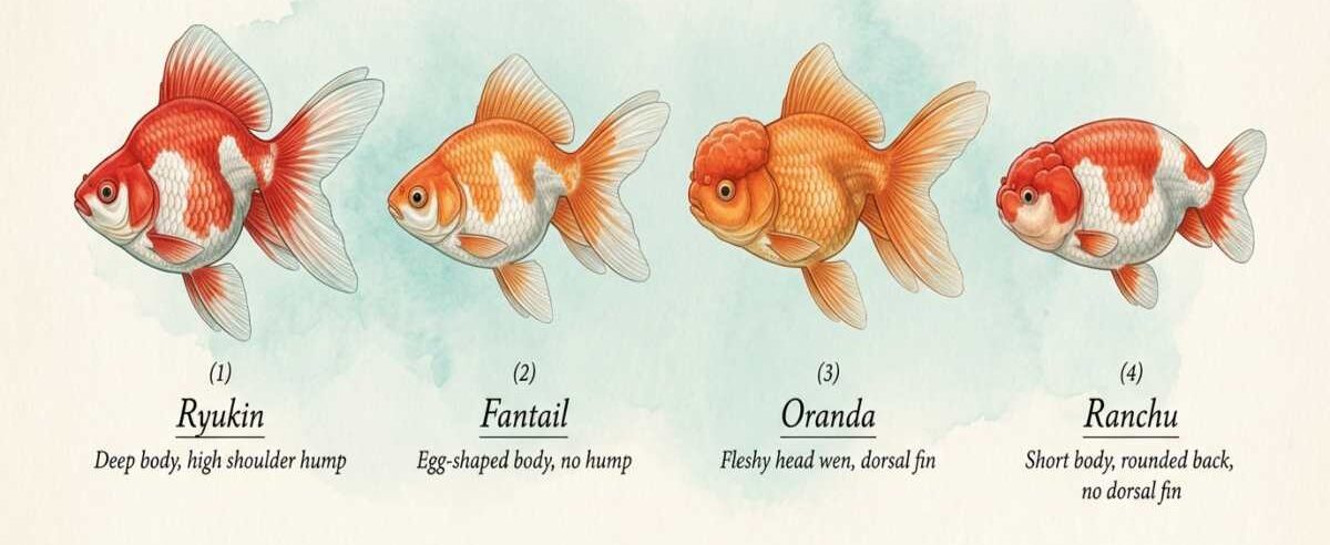 Comparison of Ryukin, fantail, oranda and ranchu goldfish