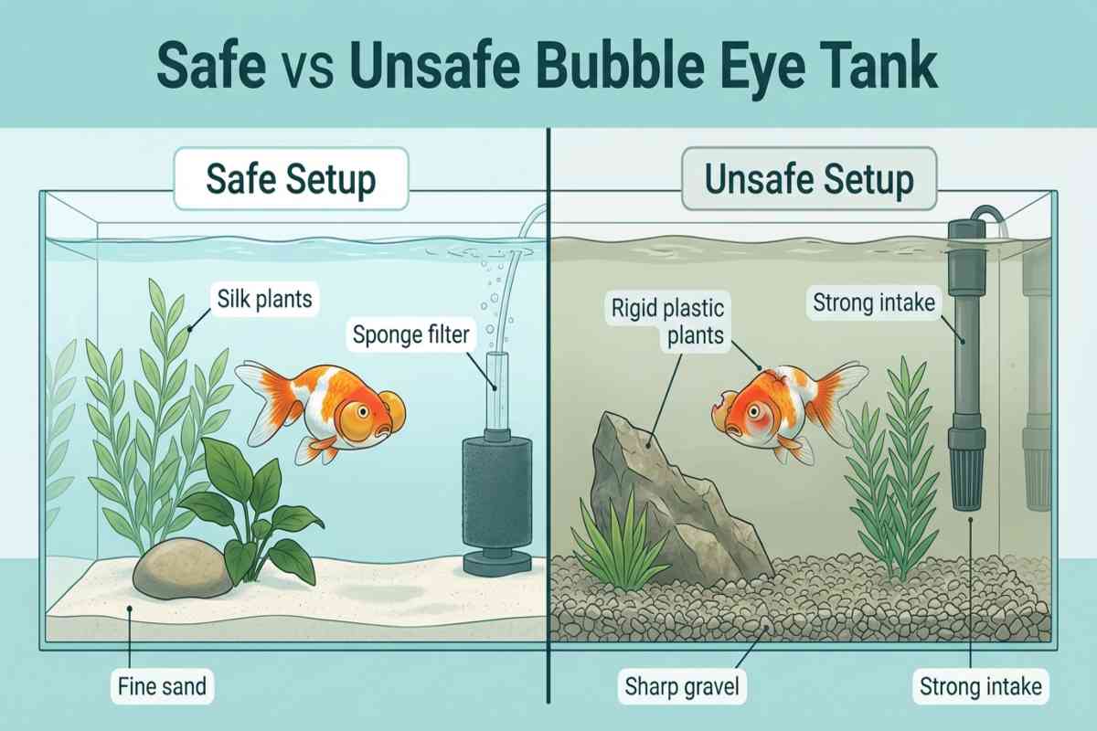 Side-by-side comparison of a safe bubble eye goldfish tank with sand and silk plants versus an unsafe tank with sharp gravel and rigid decor.