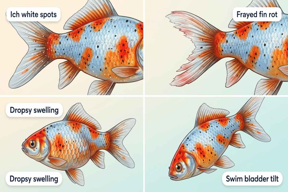 Four common Shubunkin goldfish disease signs shown in a grid