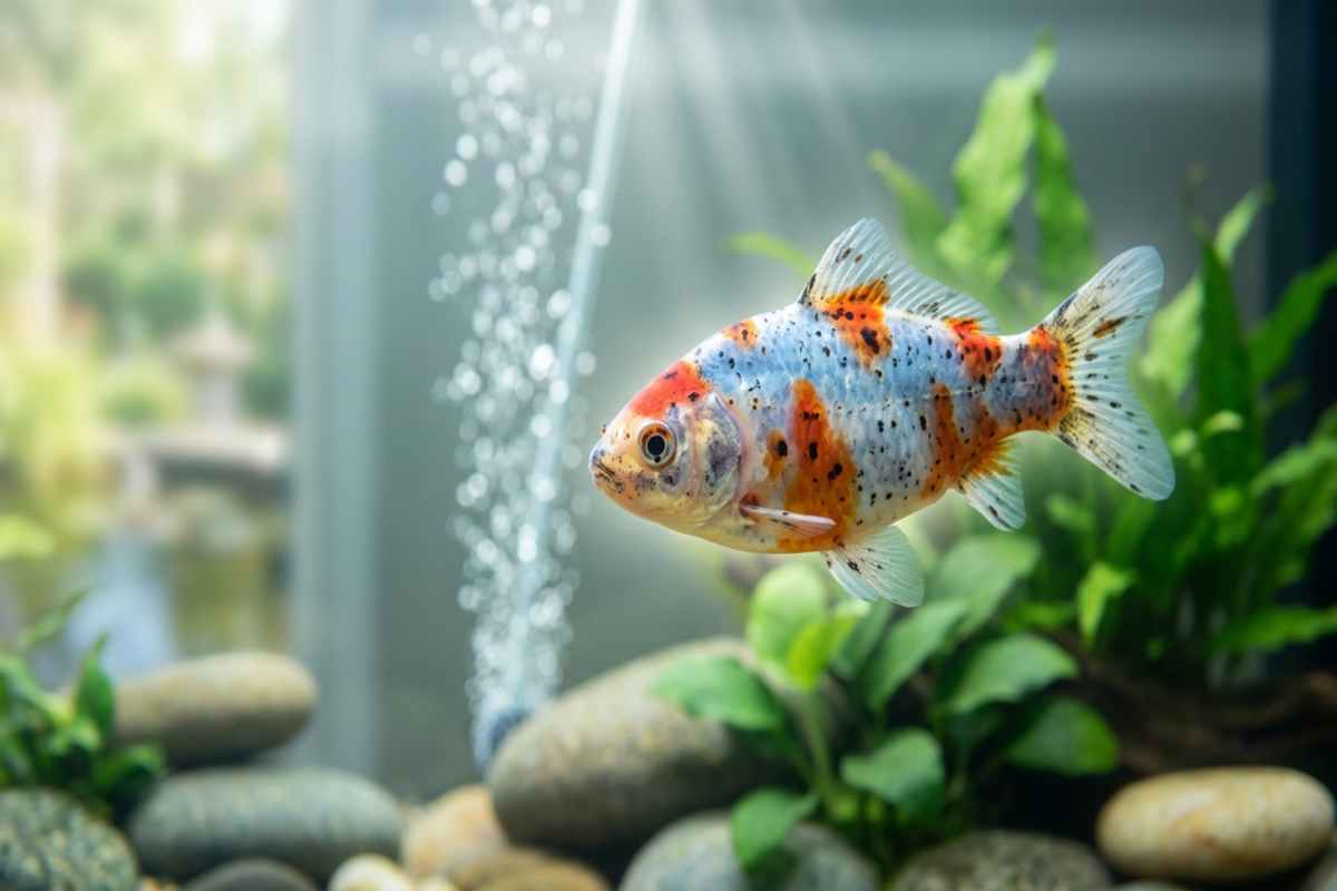 Healthy calico Shubunkin goldfish swimming in a planted aquarium