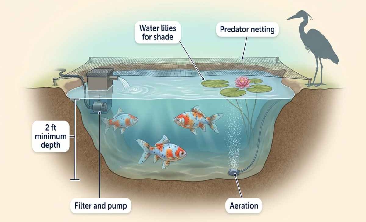 Cutaway of a garden pond set up for Shubunkin goldfish