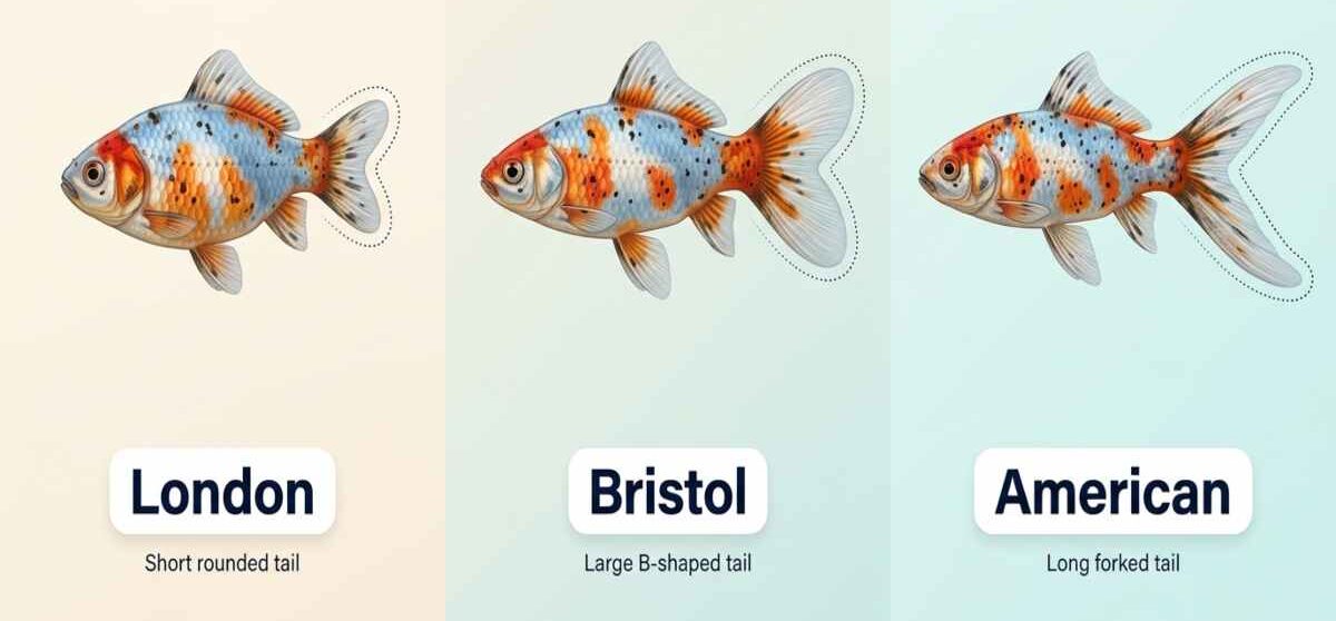 Comparison of London, Bristol and American Shubunkin tails