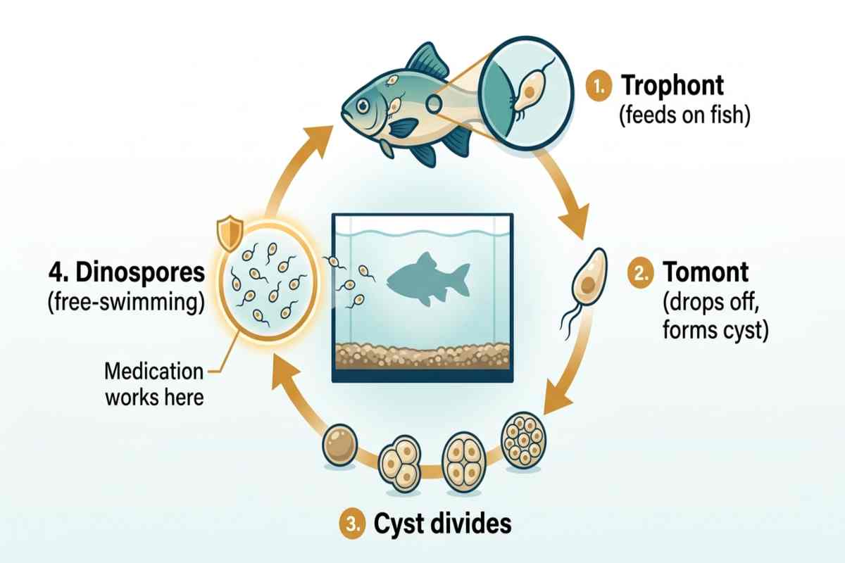Velvet disease life cycle showing trophont, tomont cyst, dividing cyst, and dinospores.