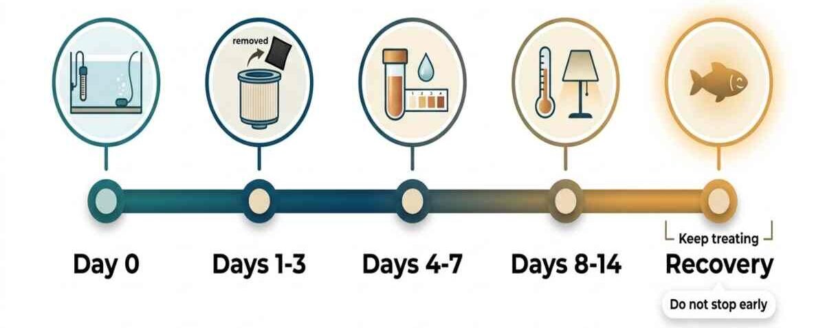 Velvet treatment timeline from Day 0 to recovery with hospital tank, copper, and lighting steps.